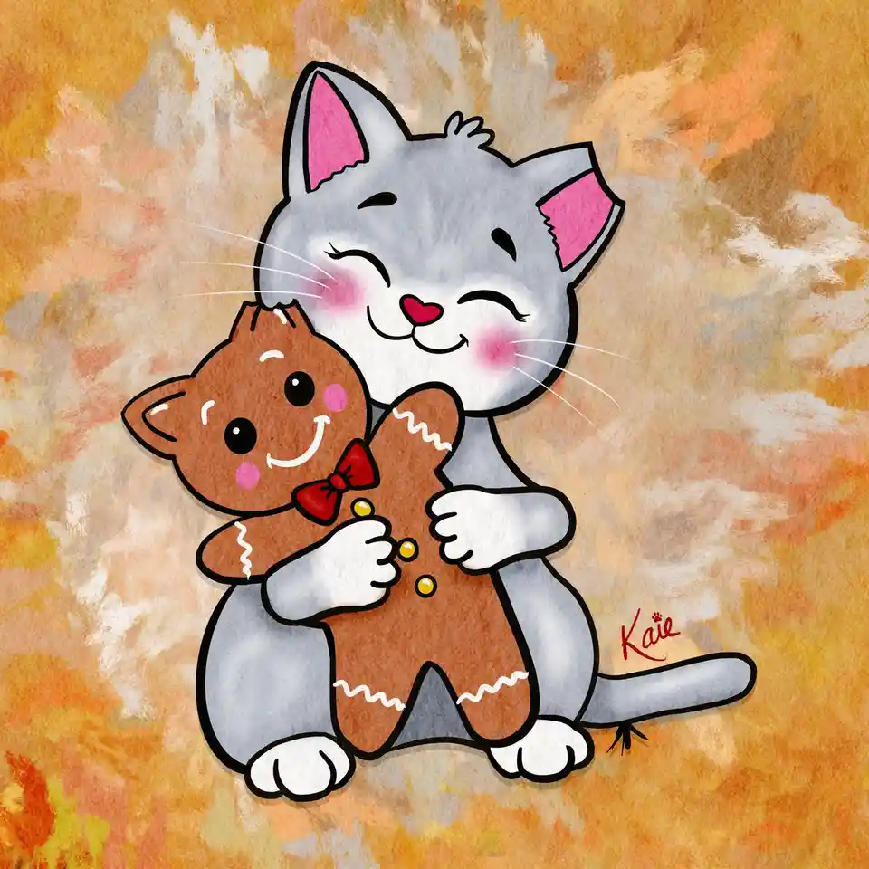 A cartoon grey cat with pink inner ears and a heart-shaped nose is hugging a gingerbread cat wearing a red bowtie and yellow…