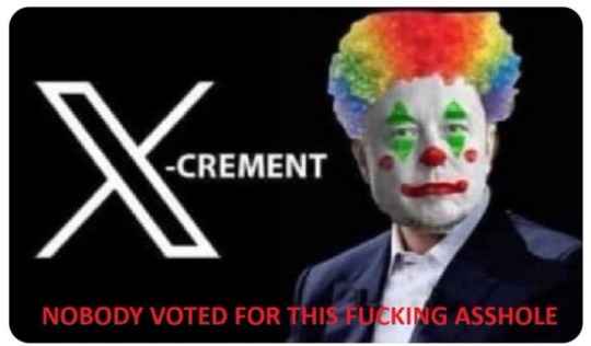 A man with a rainbow-colored wig and clown makeup, wearing a suit, is shown next to a large white 'X' and the word…