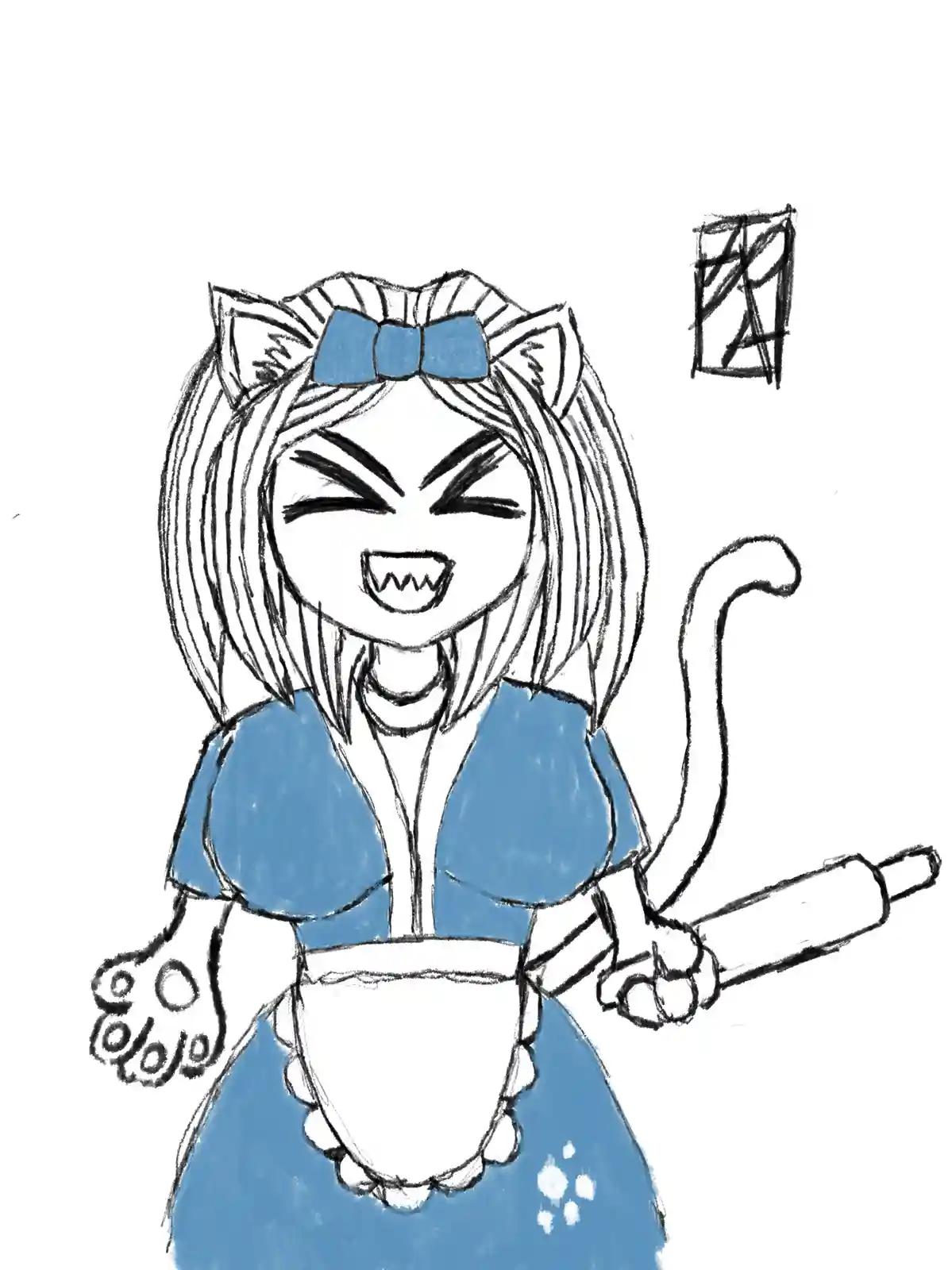 A crudely drawn anime-style girl with cat ears, a blue bow, and a tail wears a blue dress and apron while holding a rolling…
