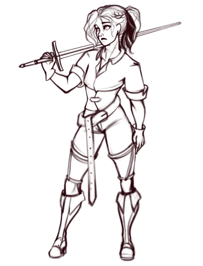 A black-and-white sketch of a female warrior with a sword slung over her shoulder, looking surprised or confused. She wears…