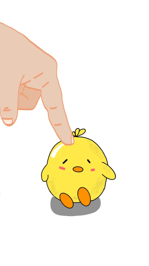 Six panels show a cartoon yellow chick being gently poked on the head by a human finger, with the chick's expression…