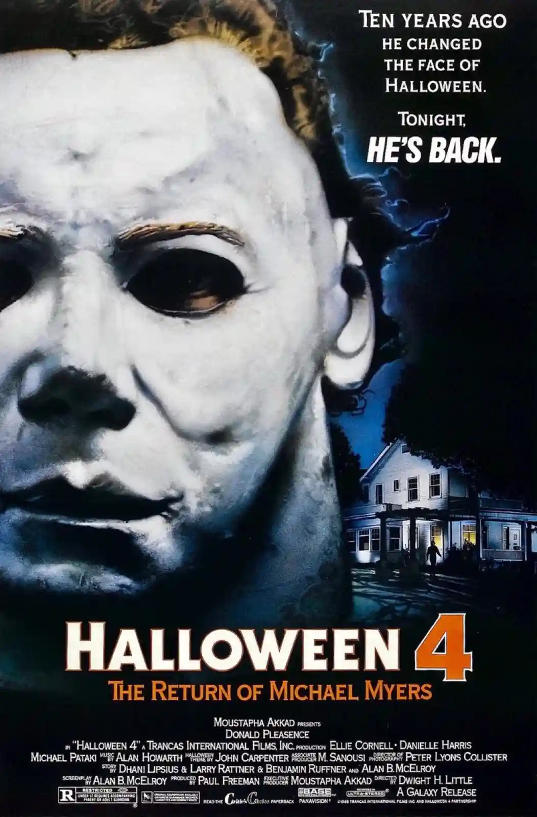 This is a movie poster for 'Halloween 4: The Return of Michael Myers,' featuring a close-up of Michael Myers wearing his…