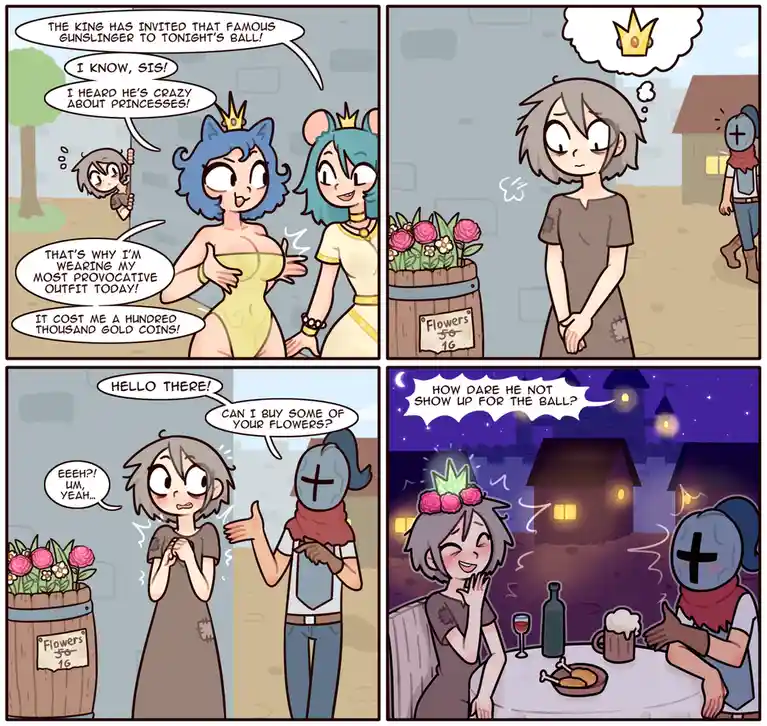 A four-panel comic shows a girl in a simple dress overhearing princesses talk about a famous gunslinger invited to a ball…