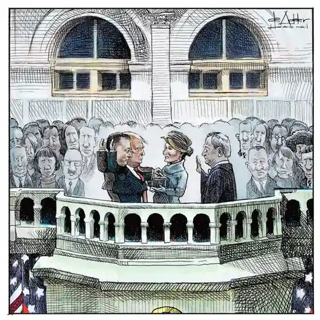 A political cartoon depicts a man and woman standing on a balcony in front of a crowd, with the man holding a small box and…