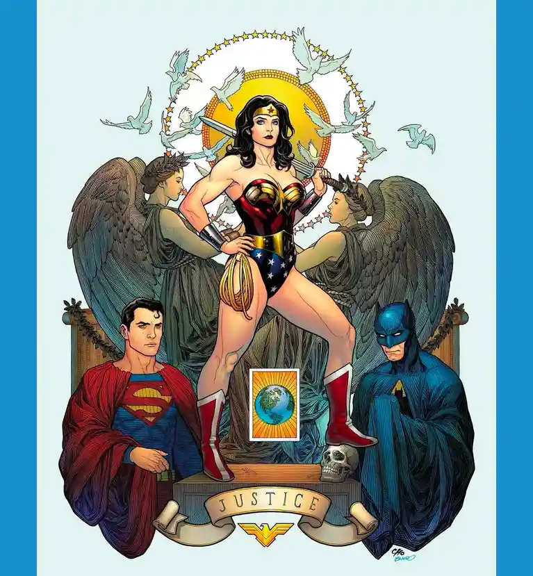 A comic book illustration depicts Wonder Woman standing atop a pedestal with a banner reading 'JUSTICE' beneath her, flanked…