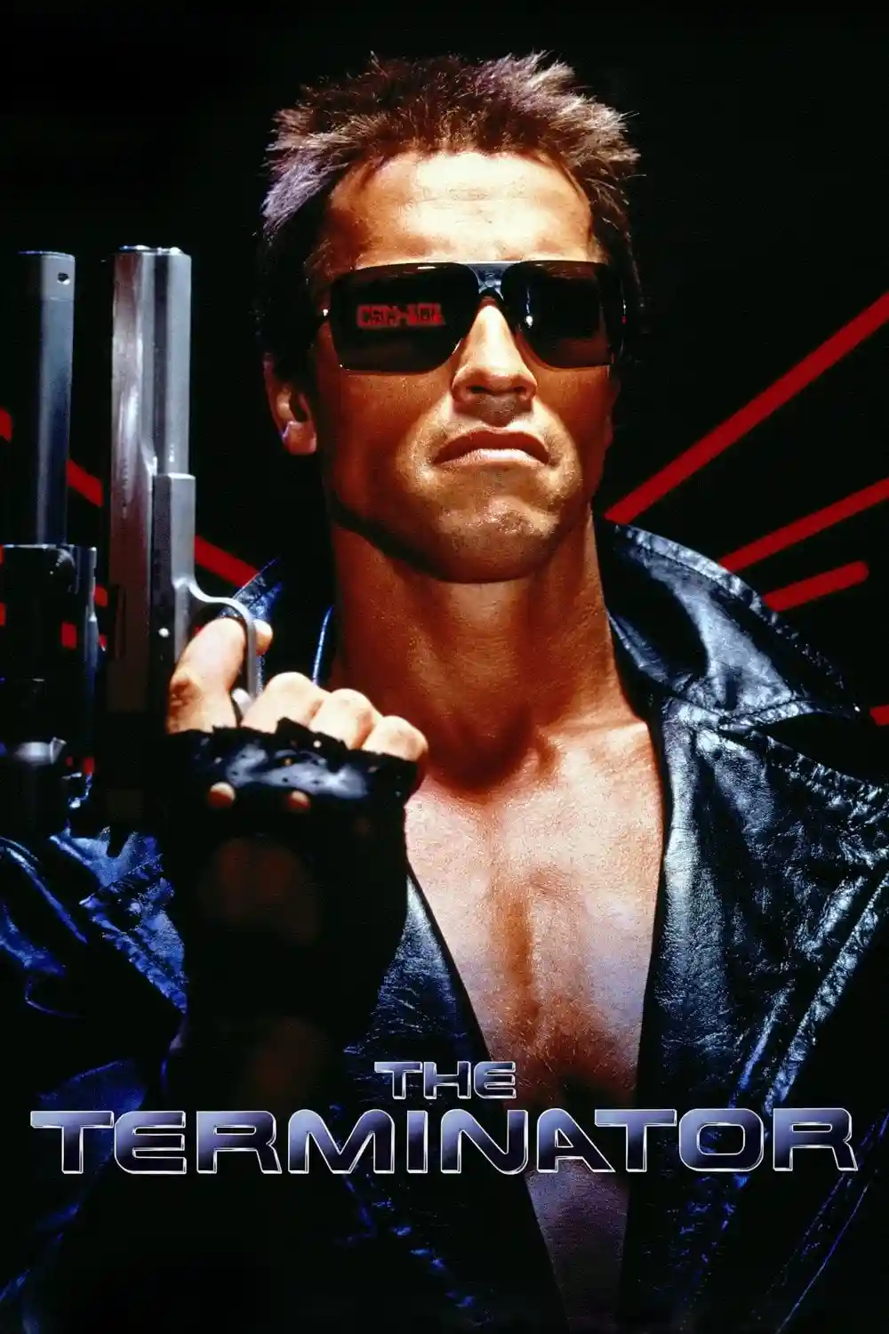 A still from the movie 'The Terminator' shows Arnold Schwarzenegger as the titular character, wearing dark sunglasses with…