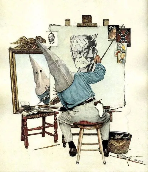 An artist wearing a large, cone-shaped hat sits on a stool, painting a portrait of himself on an easel. The portrait shows…