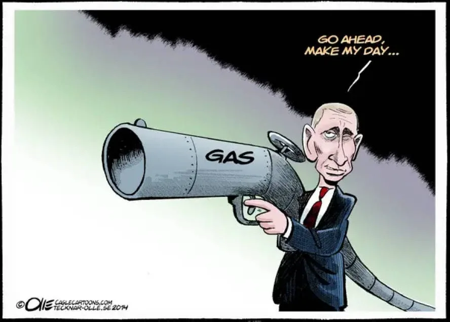 A cartoon caricature of Vladimir Putin holding a large, silver, cannon-like weapon labeled 'GAS' aimed at the viewer. A…