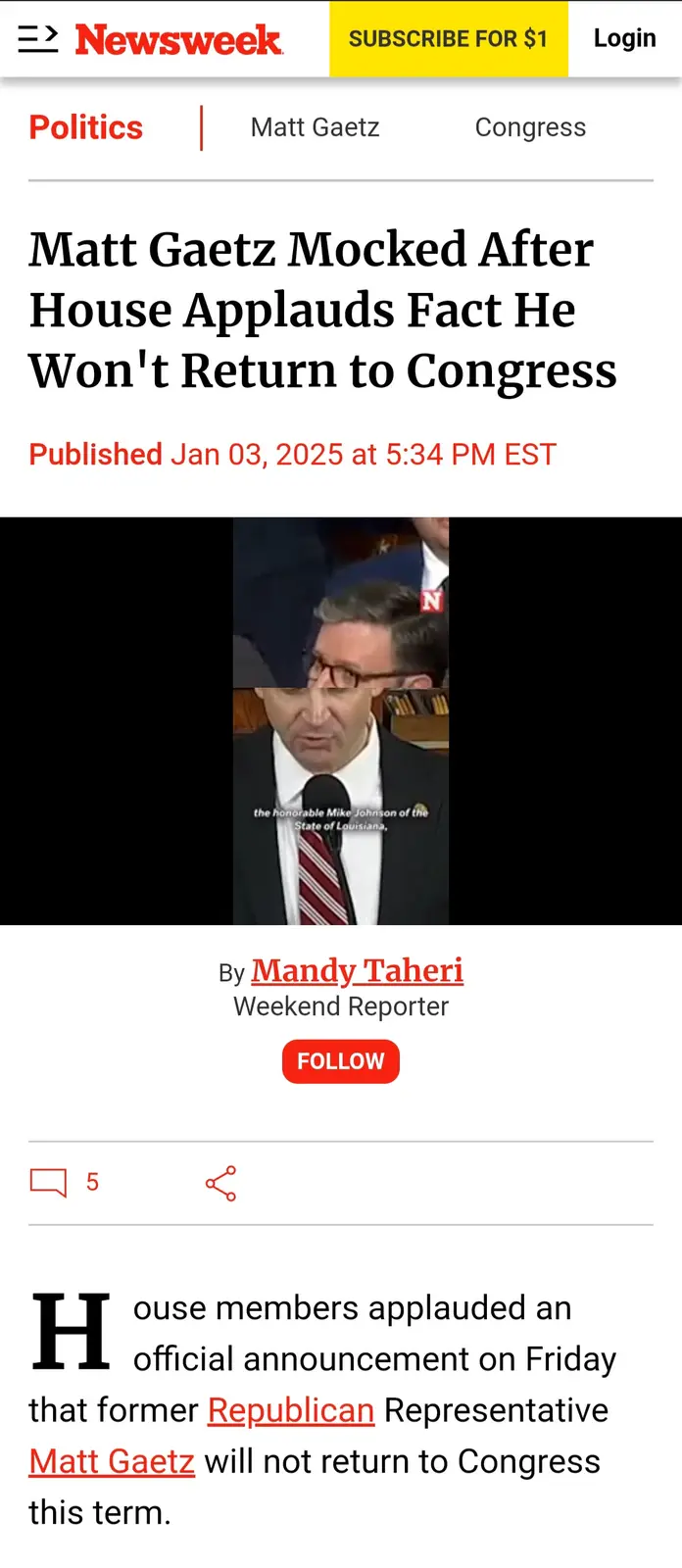 A screenshot of a Newsweek article about Matt Gaetz, showing a photo of him speaking in Congress with overlaid text reading…