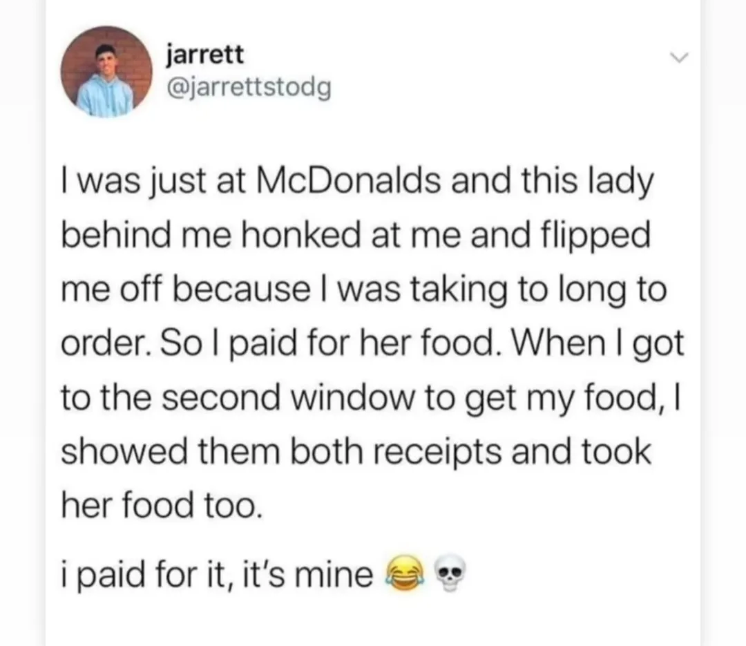 A screenshot of a tweet by user 'jarrett' (@jarrettstodg) describing how he paid for a stranger's McDonald's meal after she…
