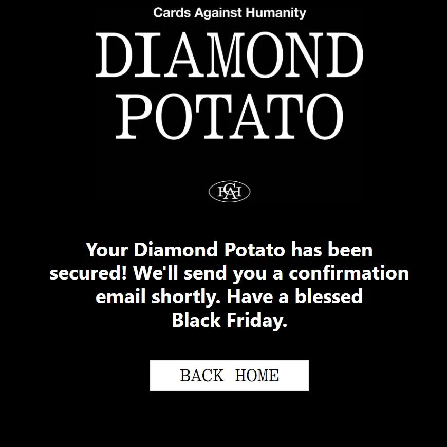 A black background mimicking a website confirmation page, featuring the 'Cards Against Humanity' logo and title 'DIAMOND…