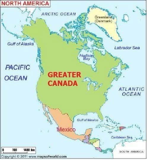 A map of North America with the United States and Canada labeled as 'GREATER CANADA' in large red text, while Mexico is…