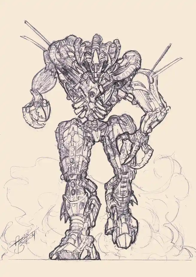A detailed pencil sketch of a heavily armored, biomechanical robot standing in a dynamic pose with smoke effects around its…