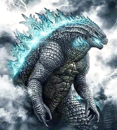 A digitally rendered image of Godzilla standing amidst stormy clouds and lightning, his iconic dorsal fins glowing with…