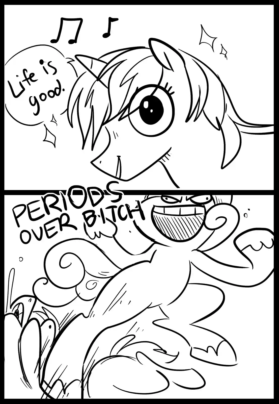 A two-panel black-and-white comic strip shows a cheerful cartoon pony with musical notes and sparkles above its head, saying…