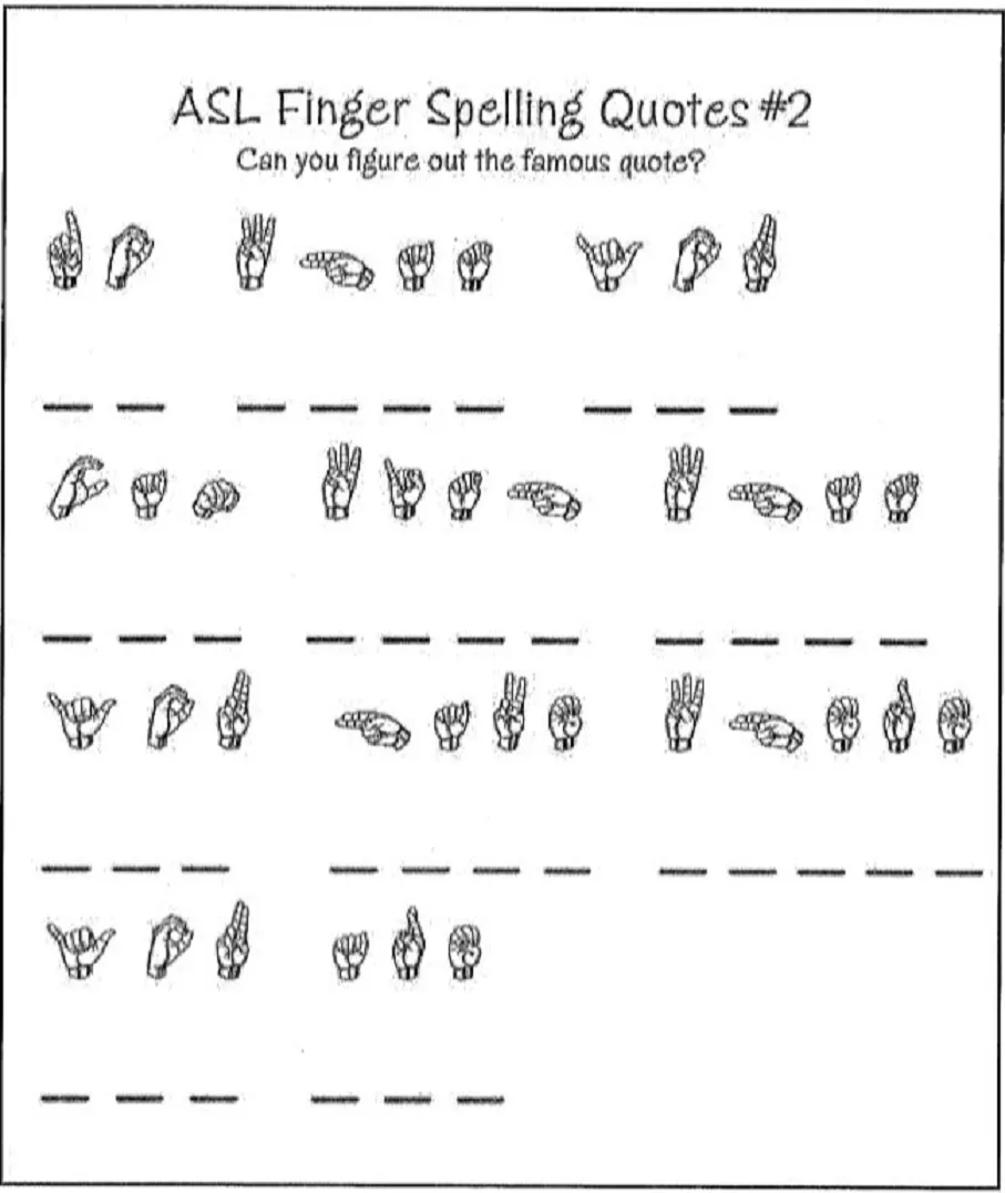 A black-and-white worksheet titled 'ASL Finger Spelling Quotes #2' with the prompt 'Can you figure out the famous quote?' It…