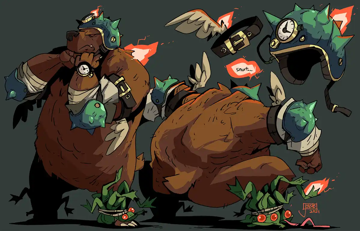 A large, brown, furry creature wearing a spiked helmet and goggles stands upright while another identical creature is bent…
