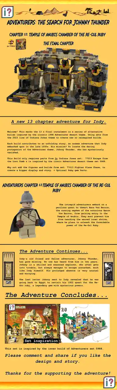 This image is a promotional graphic for a LEGO fan creation titled 'Adventurers: The Search for Johnny Thunder,'…