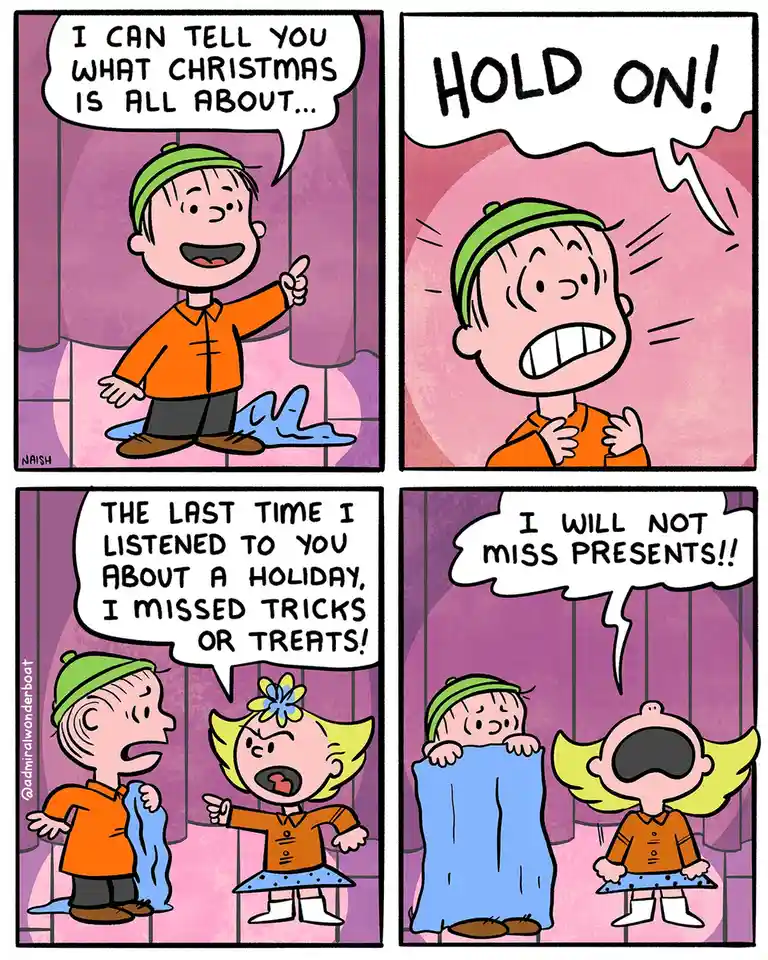 A four-panel comic strip featuring two children. The first panel shows a boy in an orange shirt and green hat confidently…