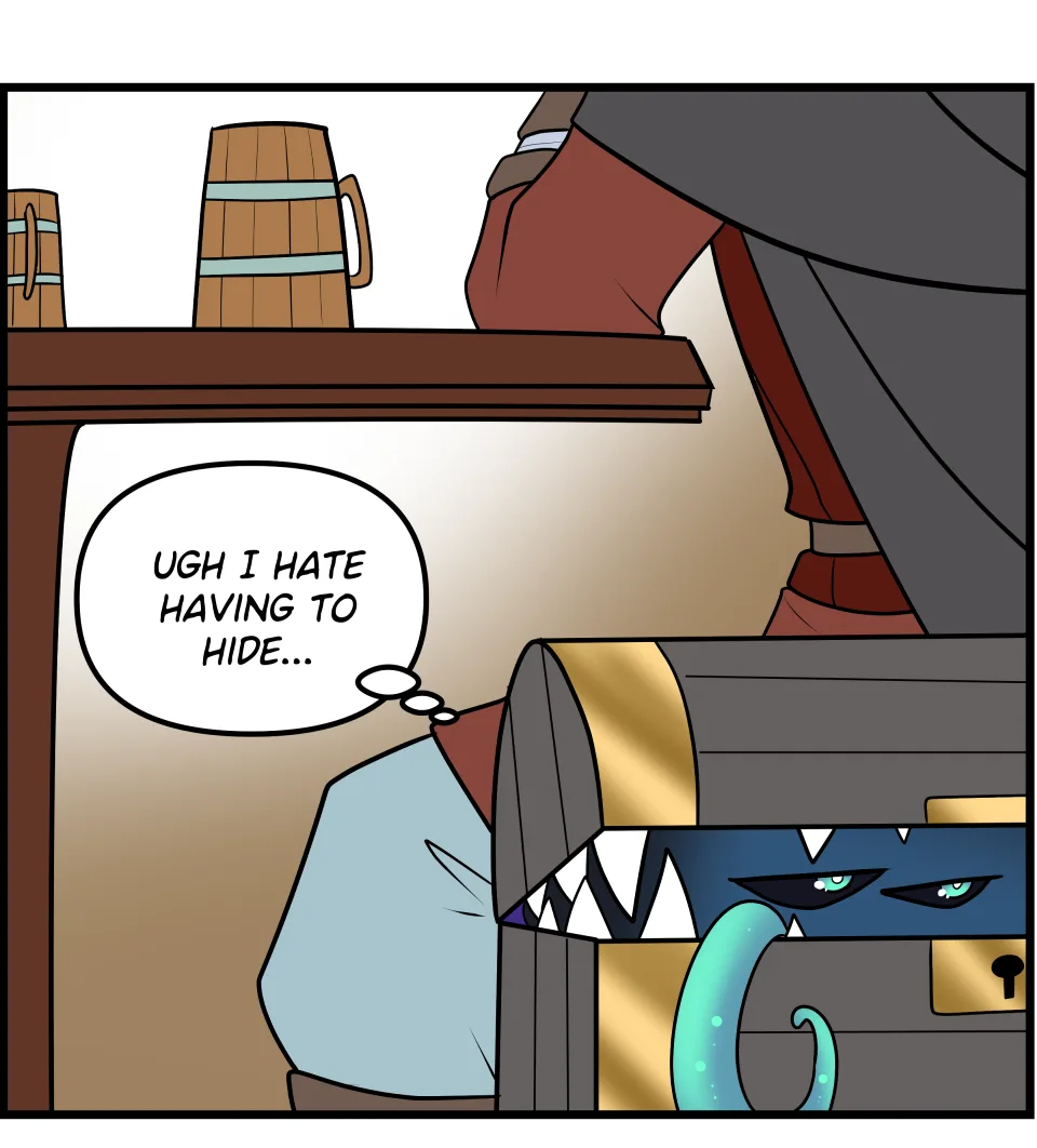 A cartoon octopus with angry green eyes and sharp teeth is peeking out from behind a wooden chest, partially hidden by a…