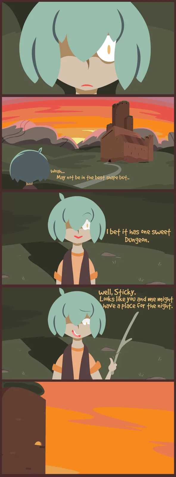 A five-panel comic strip featuring a teal-haired character with one white eye. The first panel shows her looking down. The…