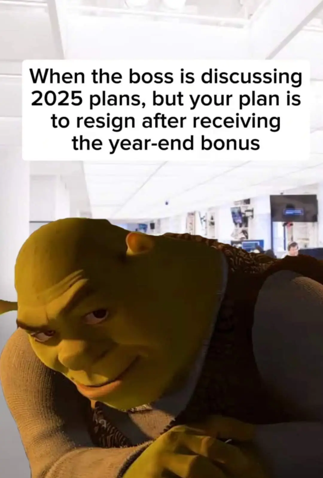 The image shows a close-up of the animated green ogre Shrek, who is leaning forward with a smug, self-satisfied smirk while…