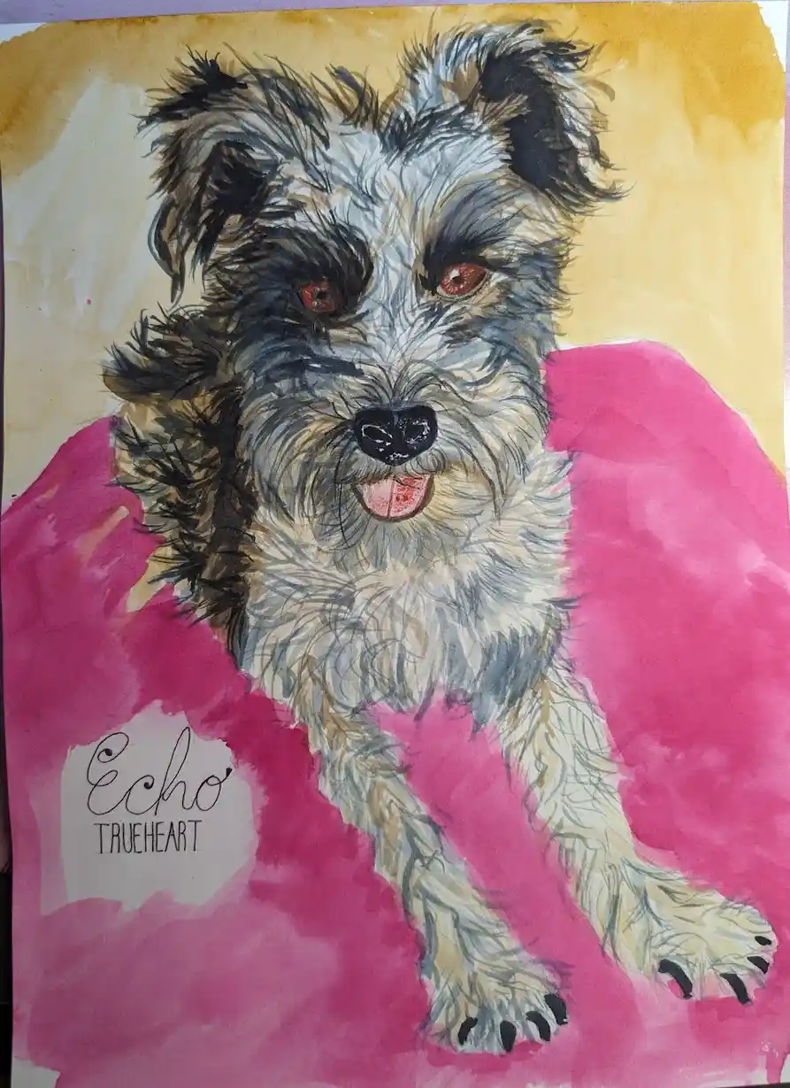 A watercolor painting of a scruffy, shaggy dog with reddish-brown eyes and a pink tongue, sitting on a bright pink surface…