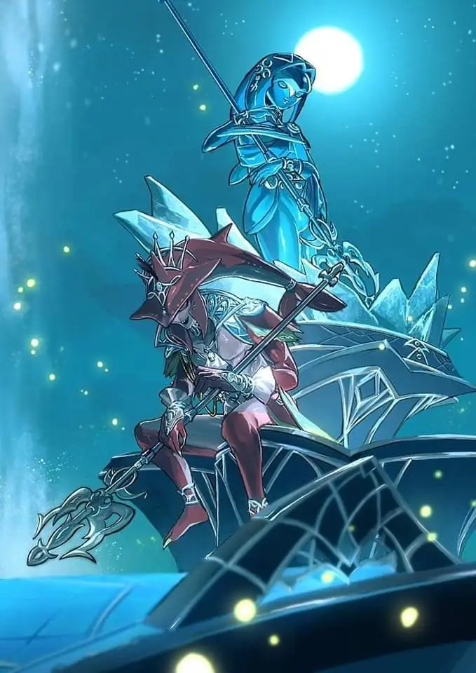 An anime-style illustration shows two characters in elaborate fantasy armor standing atop a jagged, crystalline structure…