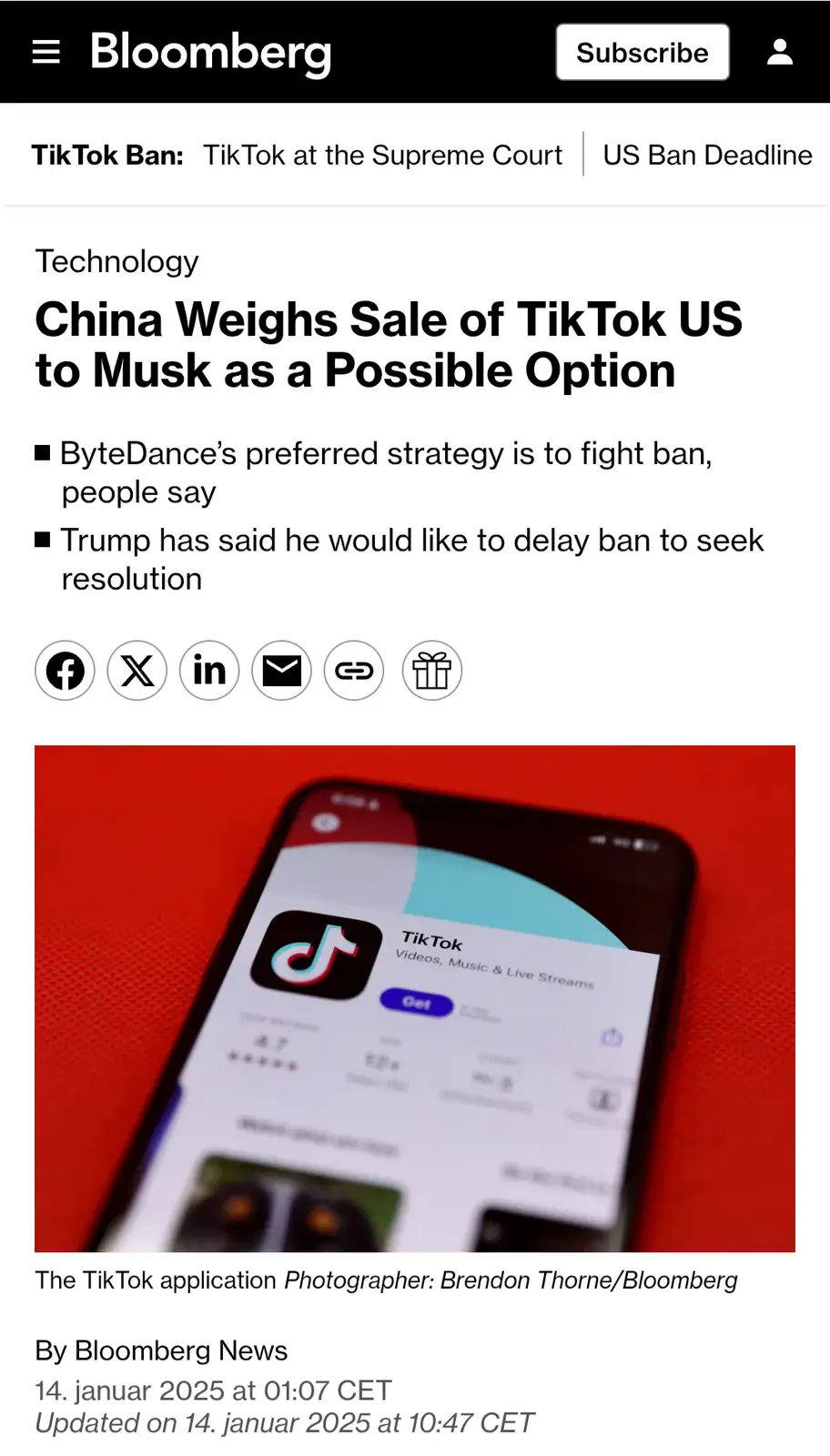 A screenshot of a Bloomberg news article titled 'China Weighs Sale of TikTok US to Musk as a Possible Option' is shown…