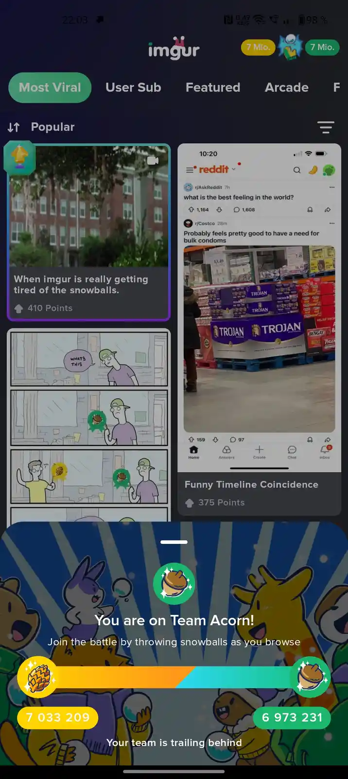 The image shows the Imgur app interface with a snowball-throwing game overlay. The game displays 'You are on Team Acorn!'…