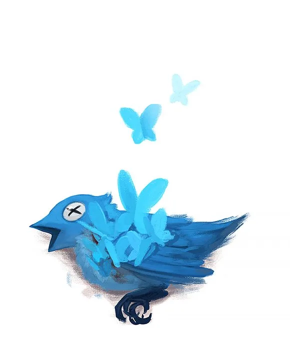 A stylized blue bird with an 'x' over its eye lies on its side, appearing deceased, while several blue butterflies emerge…