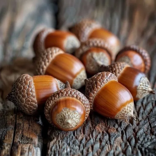 a close-up photograph of several acorns resting on a textured wooden surface, with overlaid text reading 'i'm not a fan of…