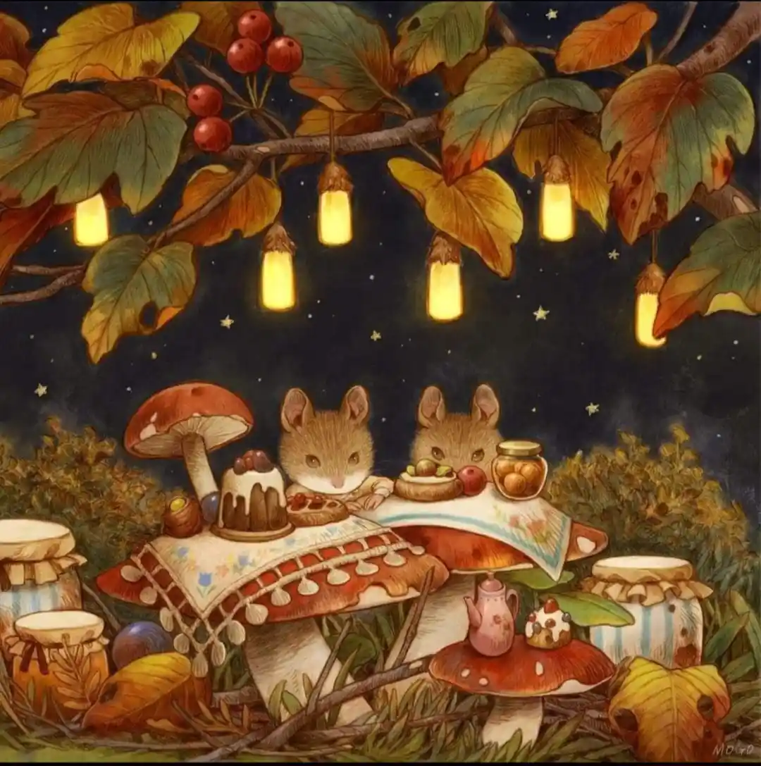 Two small brown mice are seated at a table made from a large mushroom cap, enjoying a tea party under a starry night sky…