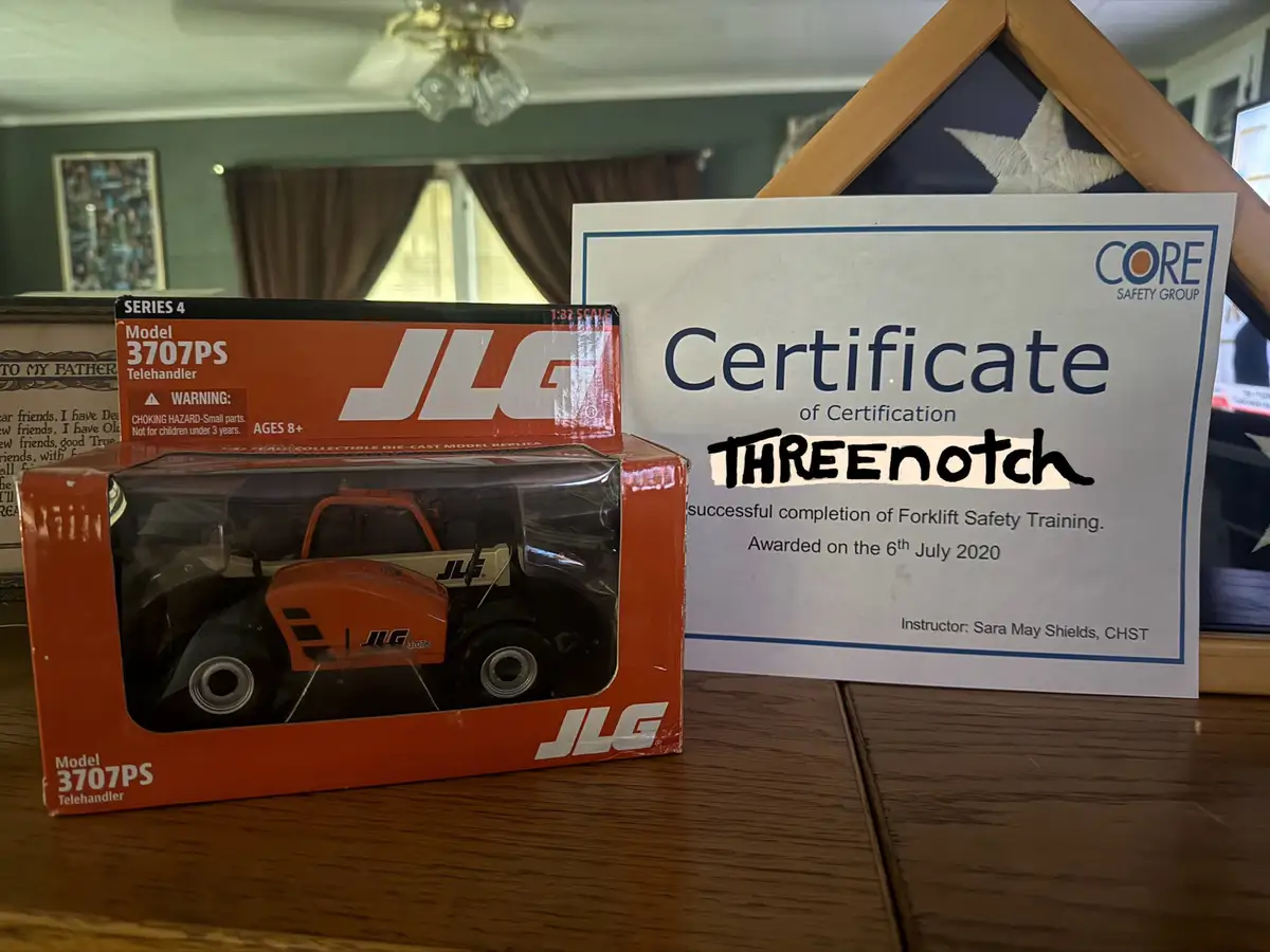 A certificate of certification for forklift safety training from CORE Safety Group, dated July 2020, has the word…