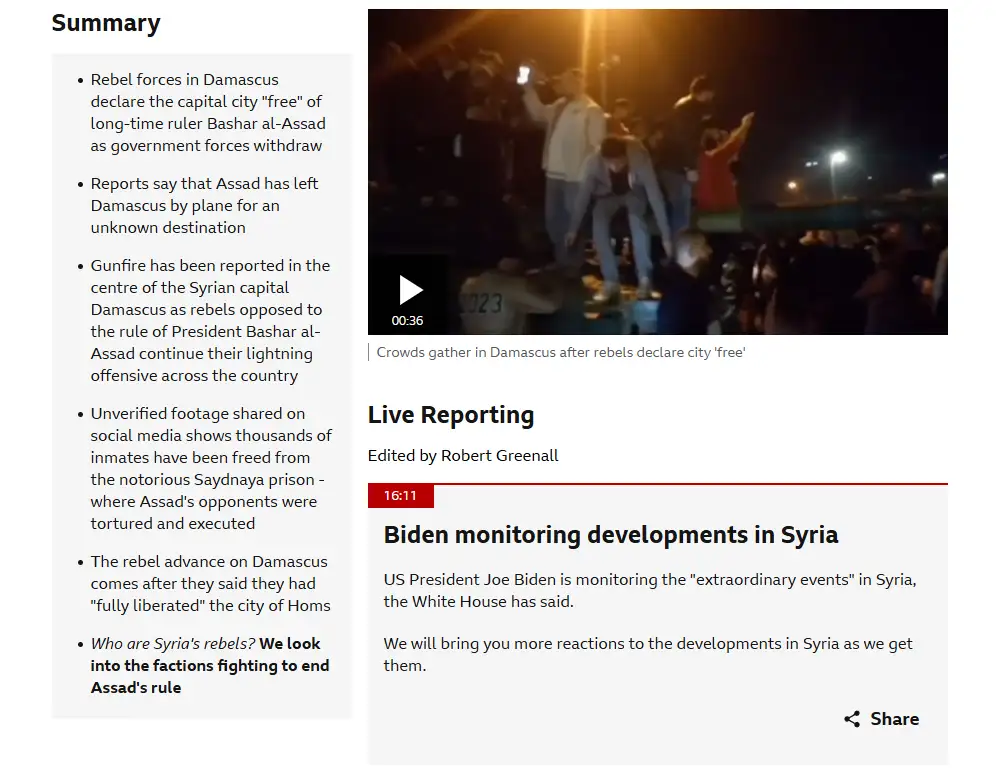 Syrian Rebels Claim Victory in Damascus Capture