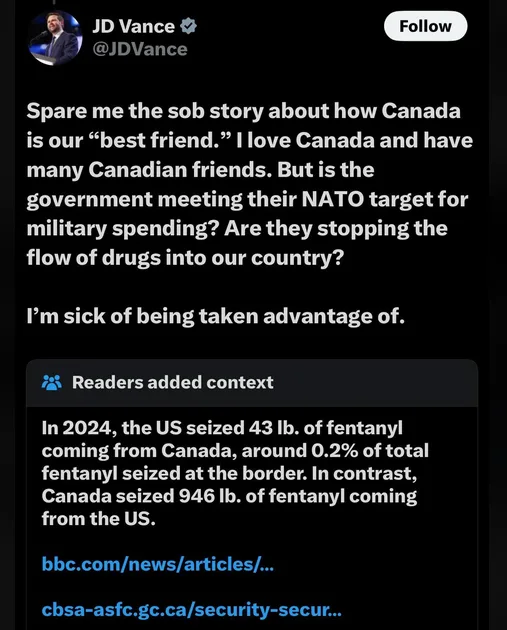 A screenshot of a tweet by JD Vance criticizing Canada's perceived lack of military spending and drug control, overlaid with…