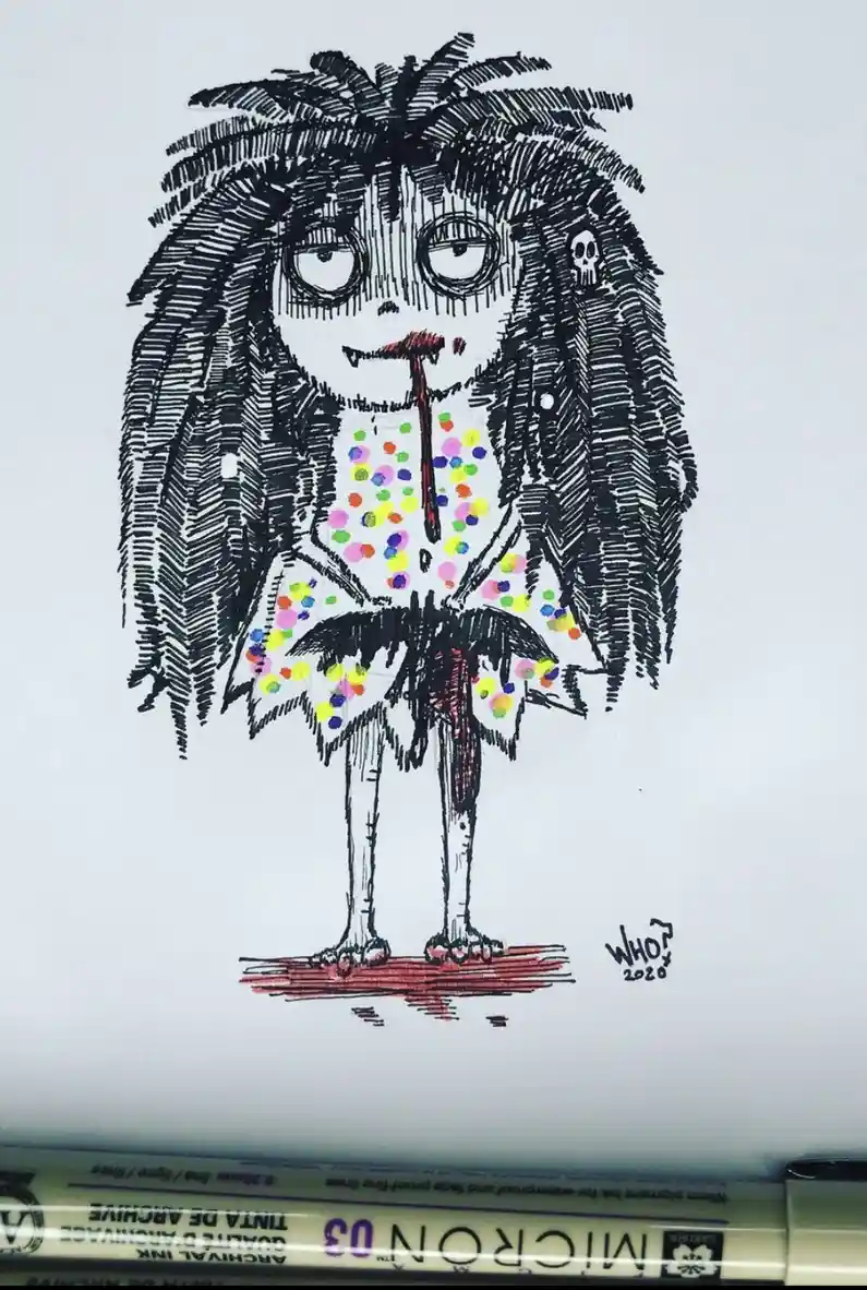 A black-and-white ink drawing of a cartoonish, skeletal figure with wild hair, wearing a polka-dotted dress and standing on…