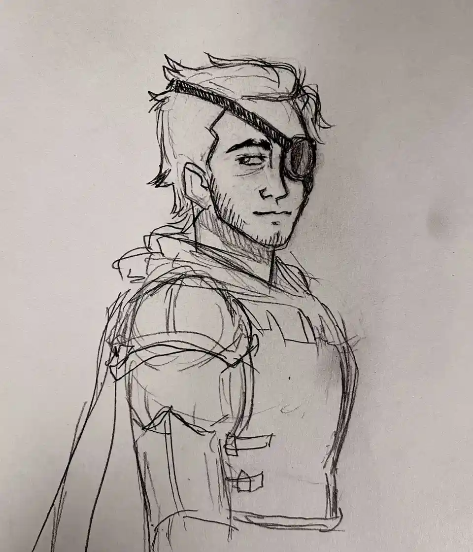 A black-and-white pencil sketch shows a male character in profile, wearing an eyepatch over his right eye and a hooded…