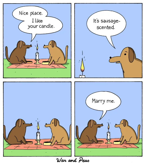 A four-panel comic strip by War and Peas shows two dogs on a picnic blanket. In the first panel, one dog compliments the…