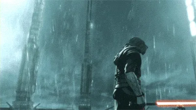 A six-panel comic strip from a Star Wars game showing a lightsaber duel between two armored figures in a rainy, industrial…