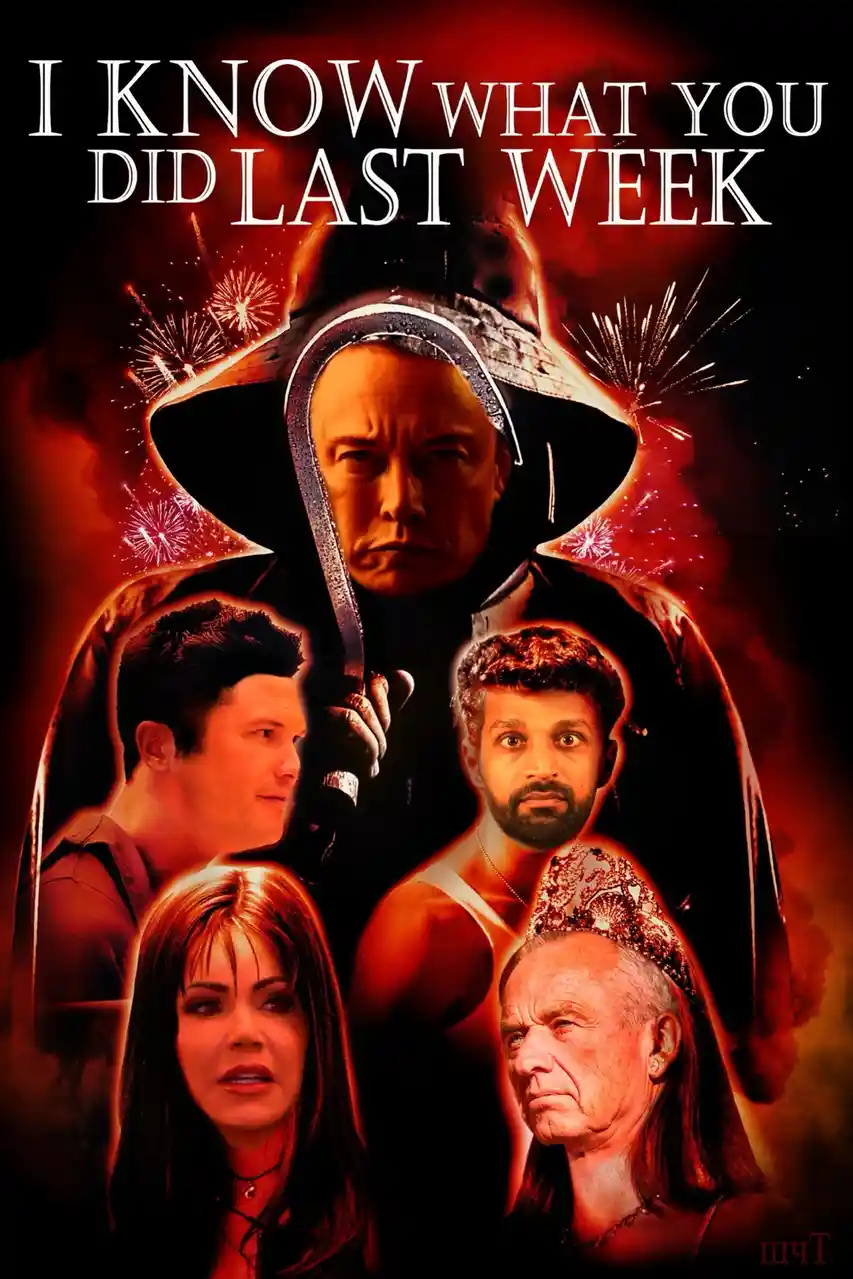 A dark, fiery movie poster parody features a menacing hooded figure holding a knife, surrounded by four other people's…