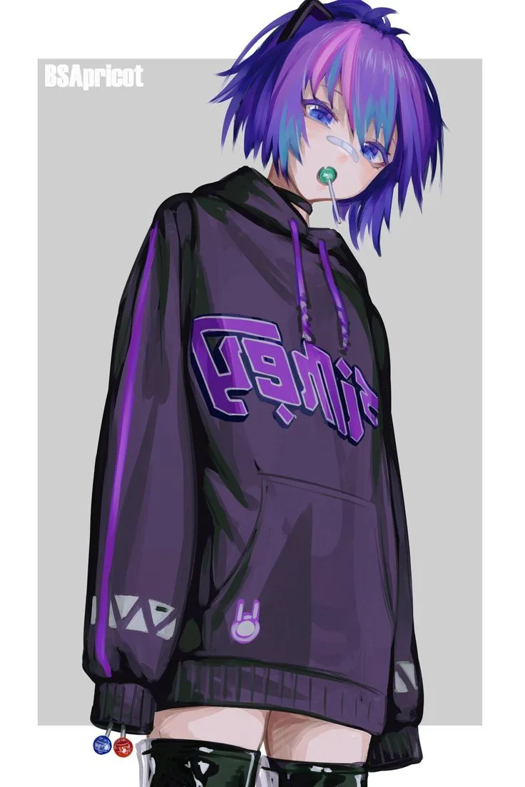 An anime-style girl with purple and blue hair, wearing a dark purple hoodie with 'GAMiC' written in stylized purple letters…