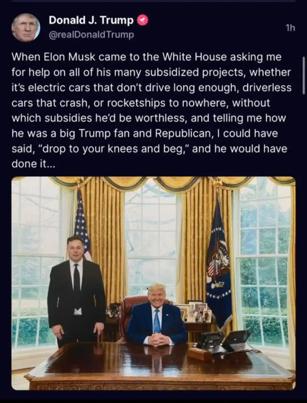 A screenshot of a tweet from Donald J. Trump's account showing a photo of him seated at a large wooden desk in the Oval…