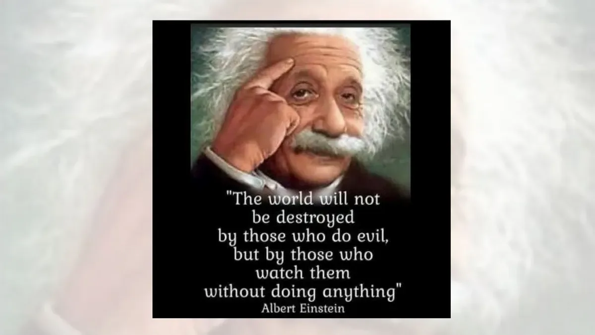 A portrait of Albert Einstein with his hand on his temple, overlaid with a quote attributed to him: "The world will not be…