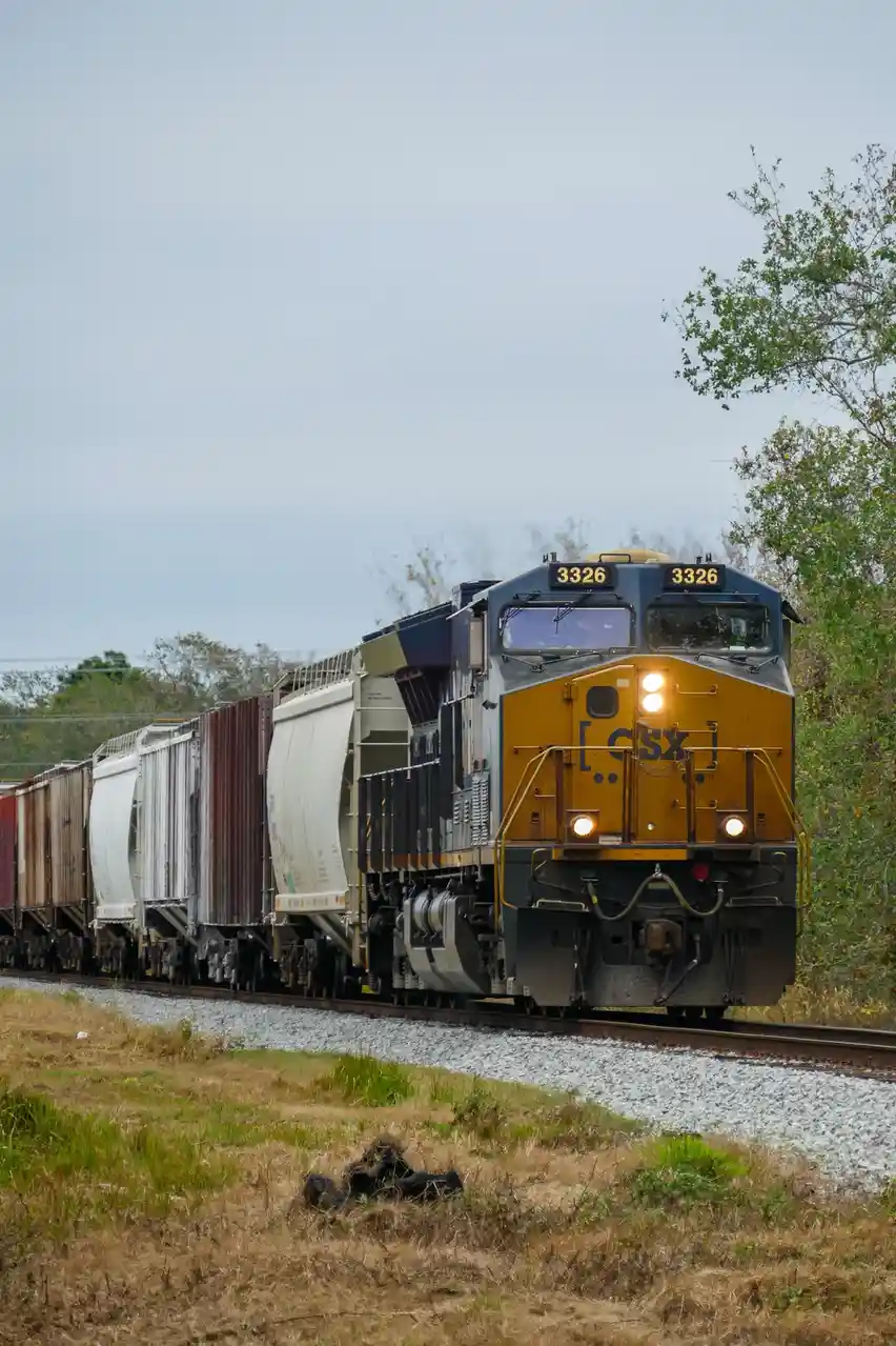 A CSX freight train, locomotive number 3326, is shown approaching on a track through a grassy, tree-lined area under an…