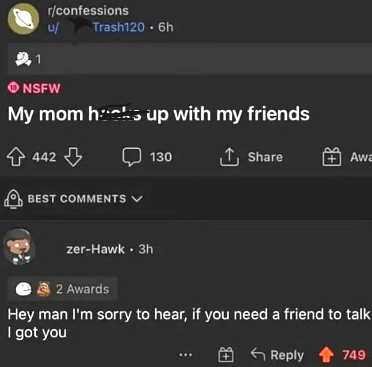 A screenshot of a Reddit post from r/confessions where the user 'Trash120' shares a confessional post with the text 'My mom…