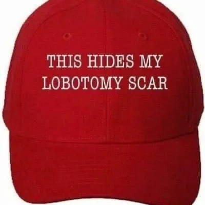 A plain red baseball cap with white embroidered text that reads 'THIS HIDES MY LOBOTOMY SCAR'. The cap is photographed…