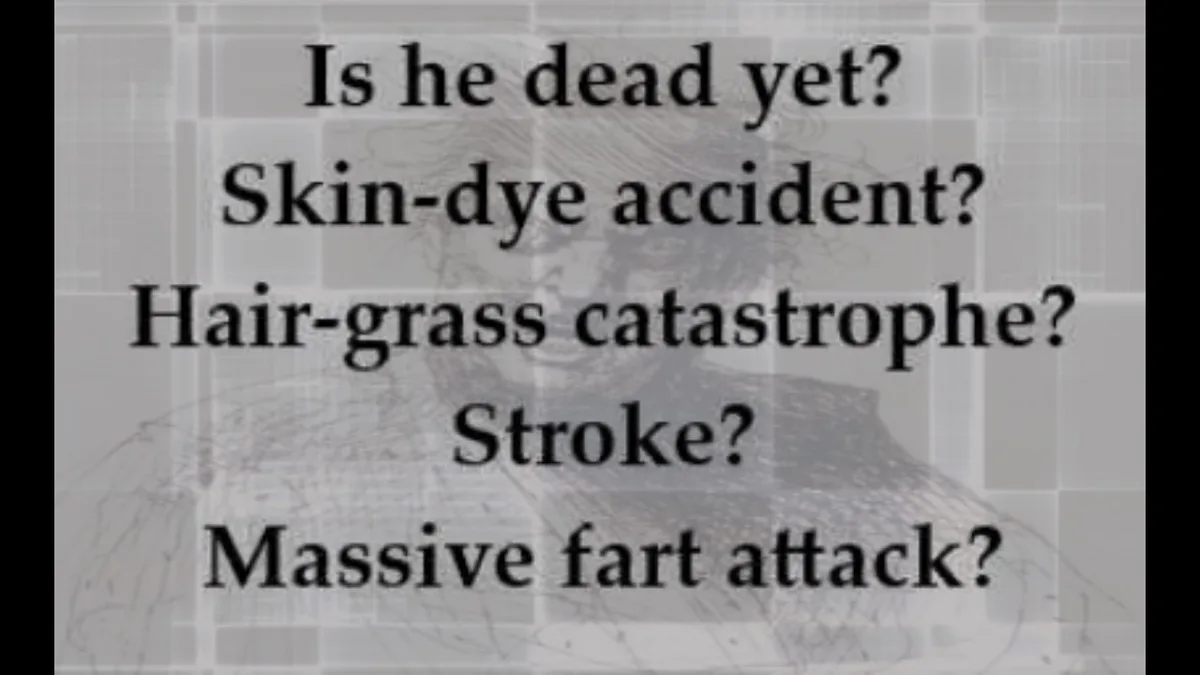A grayscale image of a person with a very pale, possibly lifeless appearance, overlaid with bold black text listing absurd…
