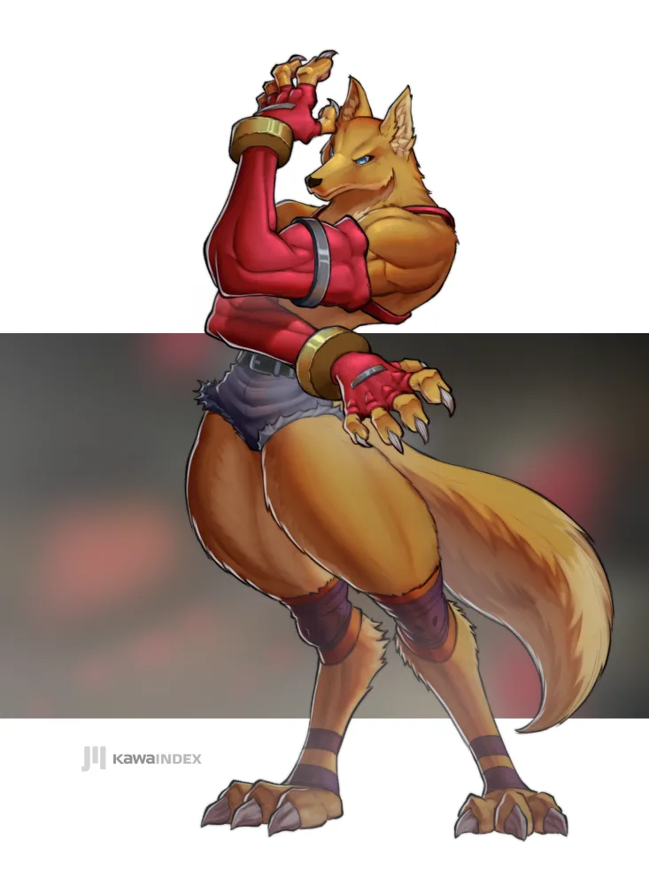 A muscular anthropomorphic fox with orange fur, blue eyes, and a long tail is flexing its biceps while wearing red gloves, a…