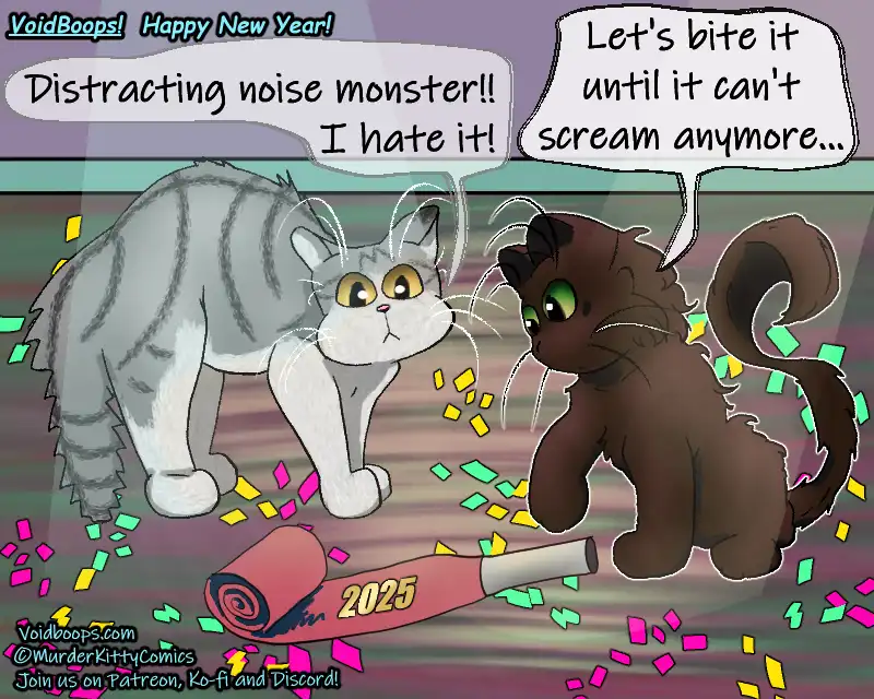 Two cartoon cats are shown amidst colorful confetti, reacting to a red party popper labeled '2025'. The grey tabby cat on…